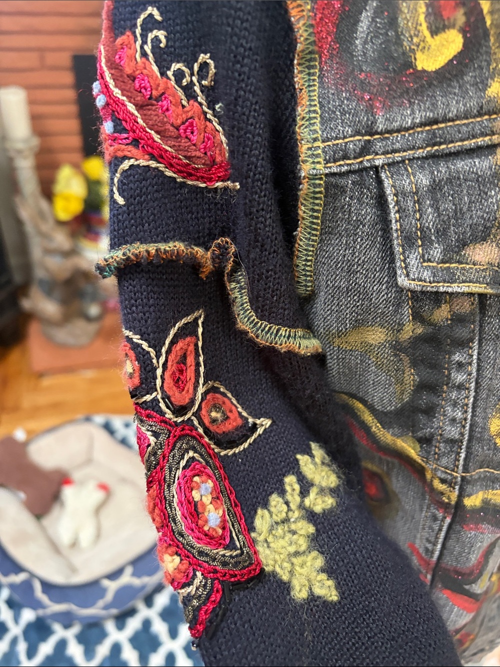 Women's Black Washed Denim Jacket with Red & Gold Embroidered Accents - Picture 5 of 6
